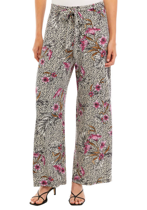 Joan Vass New York  Womens Wide Leg Pull On Printed Pants with Self Belt